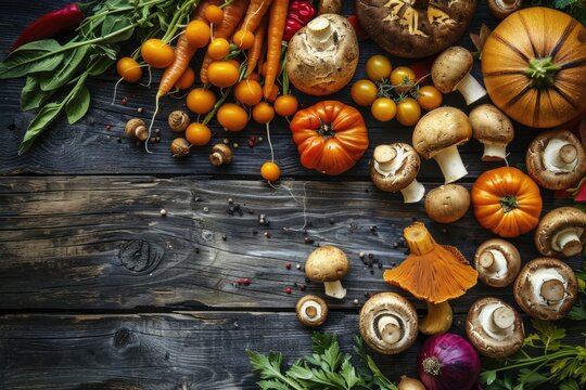 Ingredients Background. Autumn Harvest Vegetables and Forest Mushrooms for Vegan Cooking Concept