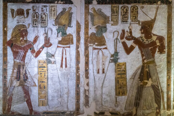 Hieroglyphs and drawings of Egyptian gods, Valley of the Kings, Ancient Egypt