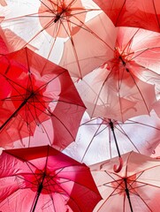 Numerous red and white umbrellas are lifted into the air, creating a vibrant and dynamic scene
