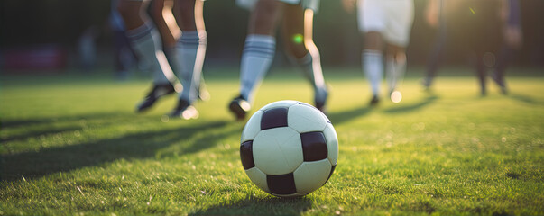 Fototapeta premium Detail on soccer ball and blured players