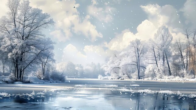 Serene Winter Landscape with Snow-Covered Trees and Frozen Lake, Digital Painting