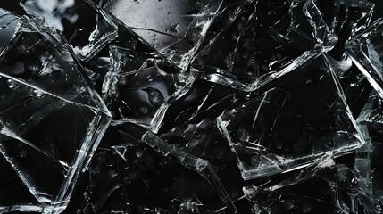 Shattered glass fragments on black background, sharp edges and cracks, dramatic broken texture, studio photography - obrazy, fototapety, plakaty