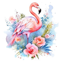 Pink Flamingo With Flowers and Leaves on White Background