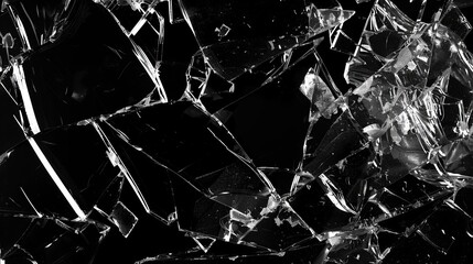 Shattered glass fragments on black background, sharp edges and cracks, dramatic broken texture, studio photography