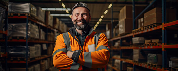 Happy worker wear orange vest in warehouse.
