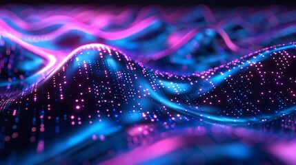 Shimmering blue and purple plastic waves with lustrous lights, 3D render