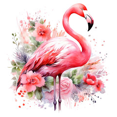 Pink Flamingo With Flowers and Leaves on White Background