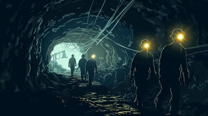 Silhouette of miners with headlamps entering dark underground coal mine, AI generated illustration - obrazy, fototapety, plakaty