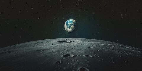 Ultrawide horizontal picture of a blue and grey planet floating in space, taken from a moon full of...
