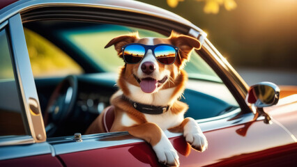Happy funny dog in sunglasses looking out car window on summer. traveling with pets and road trip concept