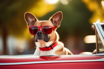 Happy funny dog in sunglasses looking out car window on summer. traveling with pets and road trip concept