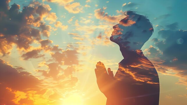 Silhouette of man praying against dramatic sky with sunlight breaking through clouds, faith and spirituality concept, double exposure effect