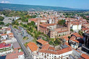 Fototapeta na wymiar aerial view of the center of the city of Ivrea with The Castle of Ivrea also known as 