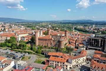 aerial view of the center of the city of Ivrea with The Castle of Ivrea also known as "Castle of the Red Towers" in the center. Ivrea, Turin, Italy