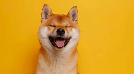 Smiling Shiba Inu dog portrait isolated on yellow orange background, happy canine expression