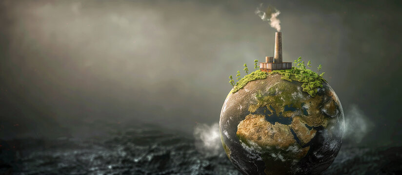 Industrial Chimney on Verdant Earth - Disturbed balance of industry and nature concept for environmental themes with space for copy