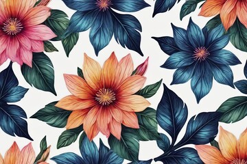 Colorful, intricate painting of flowers, showcasing variety of vibrant hues, beautifully contrasted against white background. For website design, advertising, greeting card, poster, magazine, print.