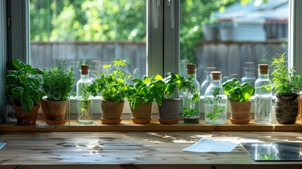 A pristine kitchen setup with a collection of fresh herbs in pots on the windowsill, adjacent to a muted space designed for writing down herb-infused water recipes.