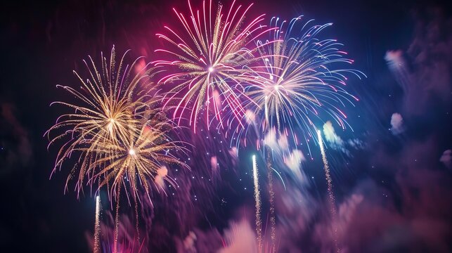 Spectacular fireworks display lighting up the night sky, celebration banner background