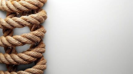 A single, sturdy climbing rope coils at the upper left, against a white background. This minimalist depiction invites thoughts on overcoming obstacles and reaching new heights, leaving - obrazy, fototapety, plakaty