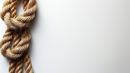 A single, sturdy climbing rope coils at the upper left, against a white background. This minimalist depiction invites thoughts on overcoming obstacles and reaching new heights - obrazy, fototapety, plakaty