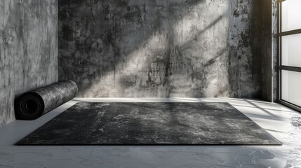 A sleek, modern yoga mat rolled neatly at the upper left, against a white background. The majority of the scene remains empty, highlighting the contrast - obrazy, fototapety, plakaty