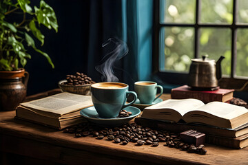 Obraz na płótnie Canvas Create a tranquil setting with an ultra-realistic 4K wallpaper featuring a serene coffee-themed still life arrangement, complete with a steaming cup of coffee, a stack of vintage coffee boo