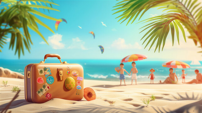 Summer holiday concept scene, illustrating suitcase on the beach and happy family at blurred second plan.