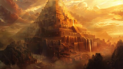 The Magnificent Tower of Babel, Ancient Mesopotamian Architectural Marvel, Digital Painting - obrazy, fototapety, plakaty