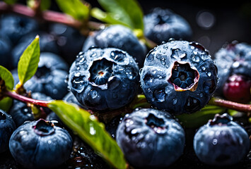 Create a close-up, high-definition image of a bunch of ripe blueberries, capturing their vibrant blue hue and dewy texture against a dark background. 
 - obrazy, fototapety, plakaty
