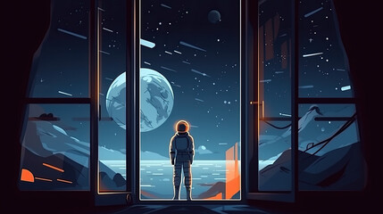 space galaxy concept a rear view of boy watching planets from a window of space craft  - obrazy, fototapety, plakaty
