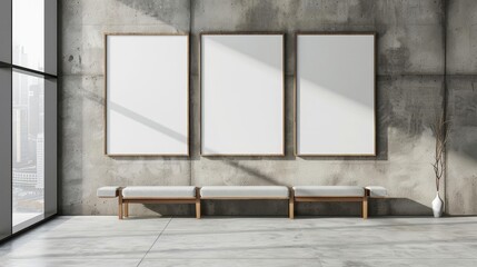 Three empty frames hanging on rough concrete wall, interior mockup illustration