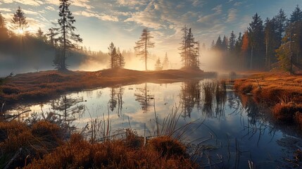 Tranquil scene of the Heidenreichsteiner Moor nature park in Austria, showcasing the ethereal beauty of the peat bog landscape