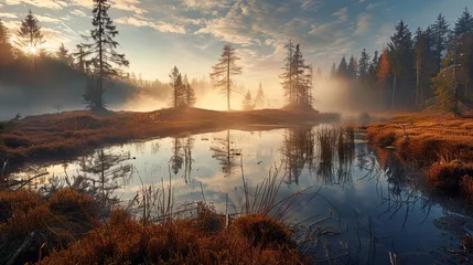 Tuinposter Tranquil scene of the Heidenreichsteiner Moor nature park in Austria, showcasing the ethereal beauty of the peat bog landscape © Jelena