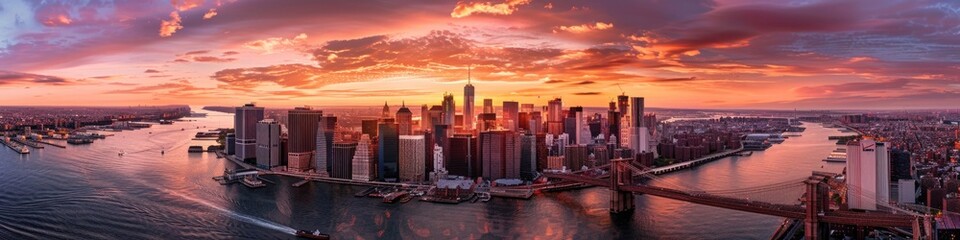 City View. Aerial Panoramic Sunset of Manhattan with Central Park and Brooklyn Bridge - obrazy, fototapety, plakaty