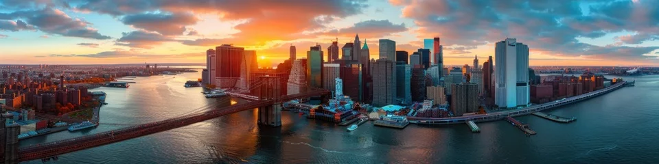Plexiglas foto achterwand City View. Aerial Panoramic Sunset Over Manhattan's Iconic Architecture © AIGen