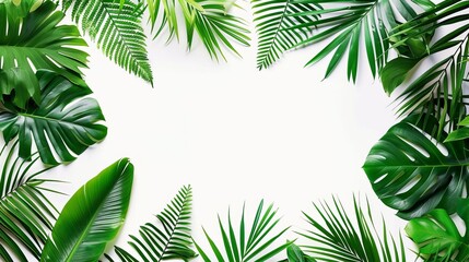 Tropical frame with exotic jungle plants and palm leaves on white background, summer design template - obrazy, fototapety, plakaty