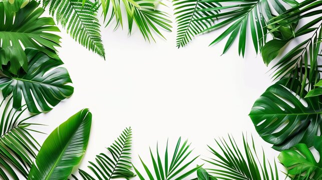 Tropical frame with exotic jungle plants and palm leaves on white background, summer design template