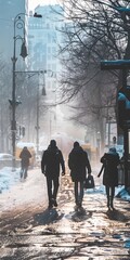 Street City. Winter Scene with People Walking in City Street