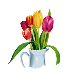 Bouquet of multi colored tulips with leaves in a ceramic vase, watercolor isolated illustration on white background