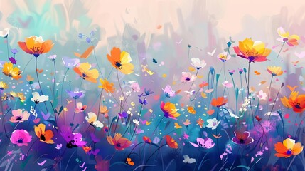 Fototapeta na wymiar Vibrant abstract flower meadow, colorful blooming wildflowers illustration background