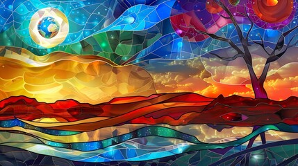 Surreal landscapes with floating objects or surreal elements Stained Glass abstract backgrounds.