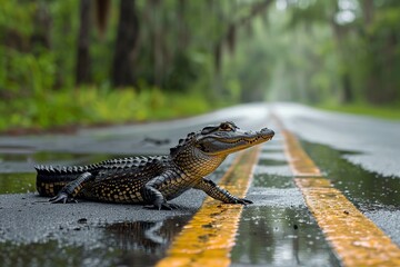 huge crocodile crossing the road