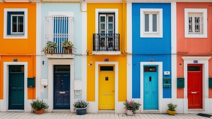 artistic shot of terraced houses with colorful doors