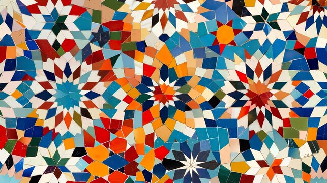 Moroccan Islamic mosaic tiles. Authentic geometric pattern wall tiles in Marrakesh, Morocco background.