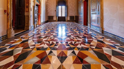 Geometric mosaic made from glazed tiles, big floor and Hall.