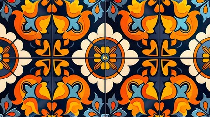 Top view Brightly coloured orange, blue, and yellow tiles with an ornate geometric floral pattern background.