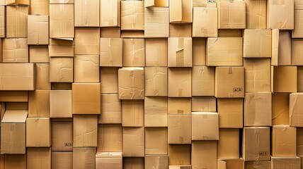 A wall built entirely out of cardboard boxes, stacked neatly on top of each other - obrazy, fototapety, plakaty