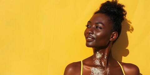 A dark-skinned girl in a shiny swimsuit on an yellow background. Rest and relaxation illustration