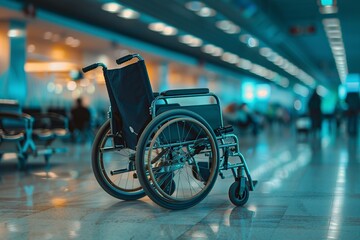 wheelchair in the airport terminal - obrazy, fototapety, plakaty